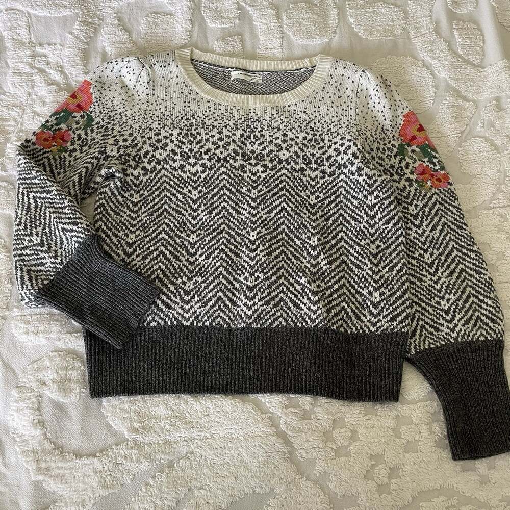 Anthropologie Karolina Sweater Womens Gray Wool Blend Floral Puff Sleeve Size L